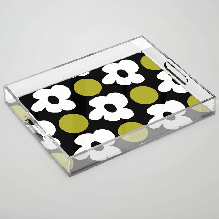 Small White Retro Flowers Olive Green Dots Black Background #decor #society6 #buyart Acrylic Tray