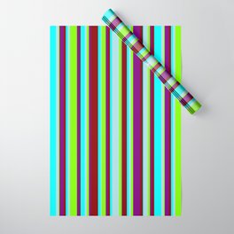 [ Thumbnail: Cyan, Powder Blue, Chartreuse, Purple & Dark Red Colored Lines/Stripes Pattern Wrapping Paper ]