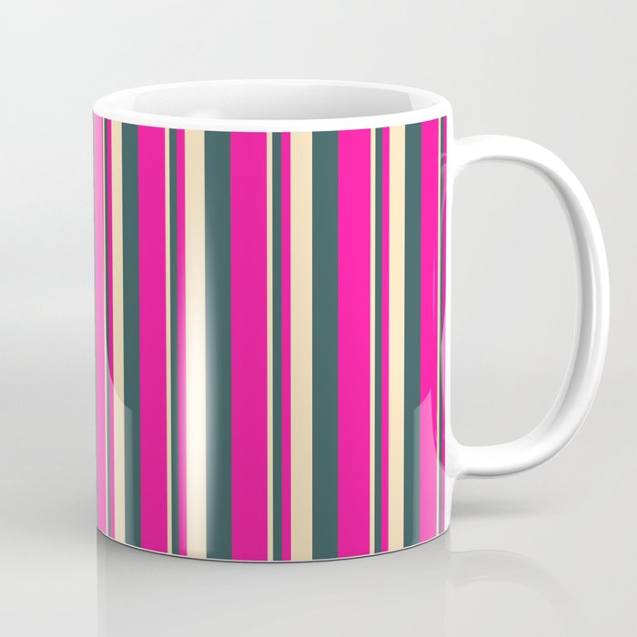 Beige, Dark Slate Gray, and Deep Pink Colored Stripes/Lines Pattern Coffee Mug