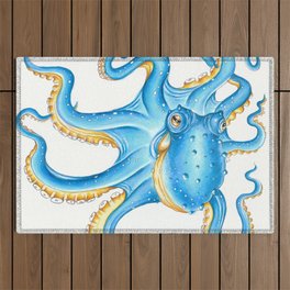 Blue Octopus Kraken Tentacles Nautical Marine Ink Art Outdoor Rug
