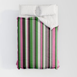 [ Thumbnail: Eyecatching Black, Hot Pink, Gray, White, and Forest Green Colored Stripes/Lines Pattern Comforter ]