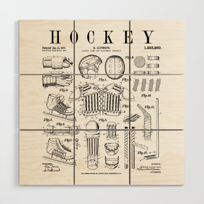 Ice Hockey Player Winter Sport Vintage Patent Print Wood Wall Art