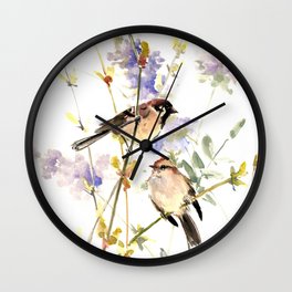 Sparrows and Spring Blossom Wall Clock | Birdart, Sparrow, Watercolor, Birds, Birding, Birdsofusa, Birdsofeurope, Lovebird, Floraldesign, Japaneseink 
