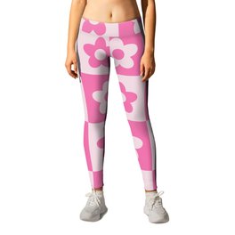 Hot Pink and White Retro Checkered Flower Pattern Leggings