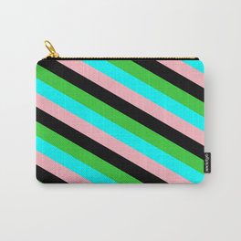 [ Thumbnail: Lime Green, Cyan, Light Pink & Black Colored Striped Pattern Carry-All Pouch ]