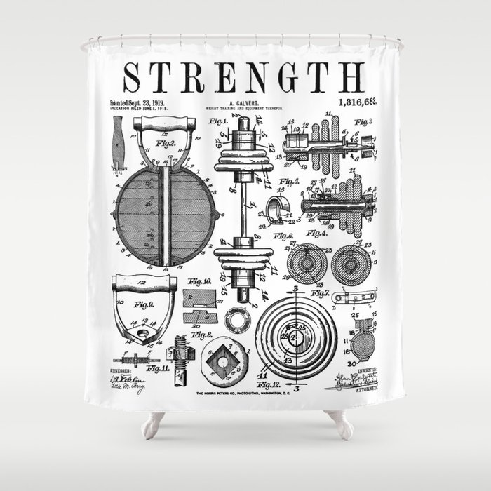 Gym Fitness Workout Dumbbell Kettlebell Vintage Patent Print Shower Curtain
