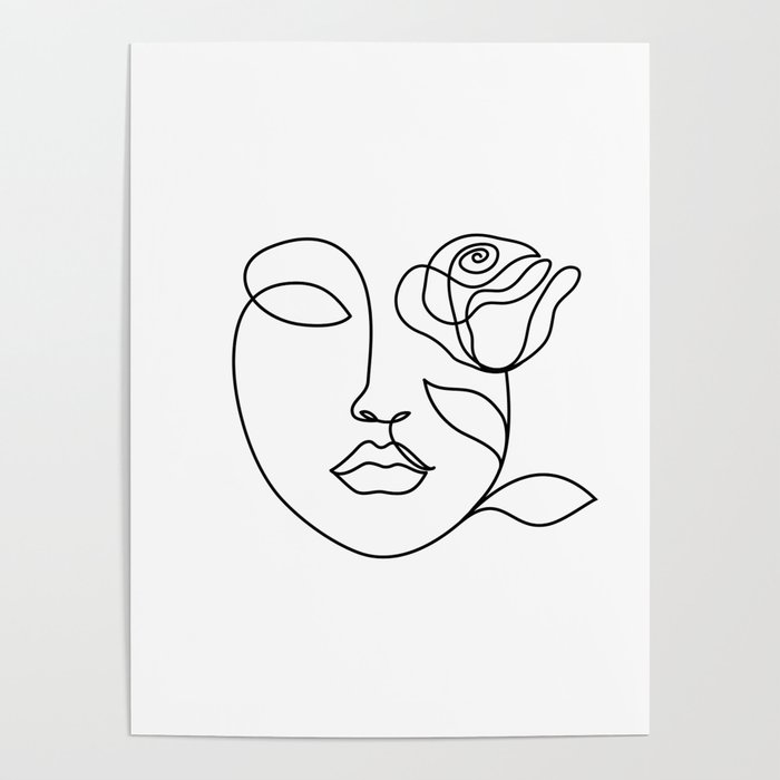 Beauty woman face with rose. Abstract minimal fine art. One line drawing. Poster