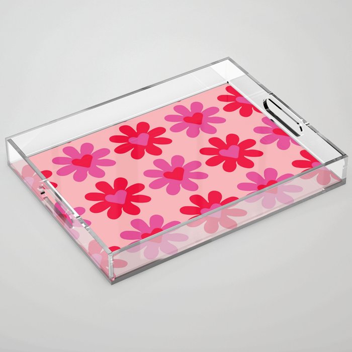 Pink and Red Retro Flowers with Hearts Pattern, Indie Decor - Preppy Aesthetic Acrylic Tray