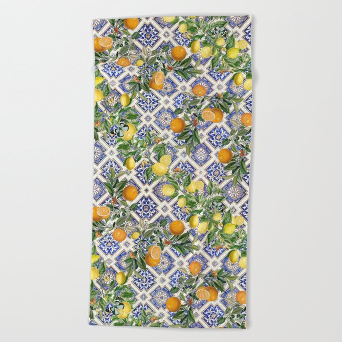 Sicilian Citrus, Mediterranean tiles & vintage lemons & orange fruit pattern Beach Towel
