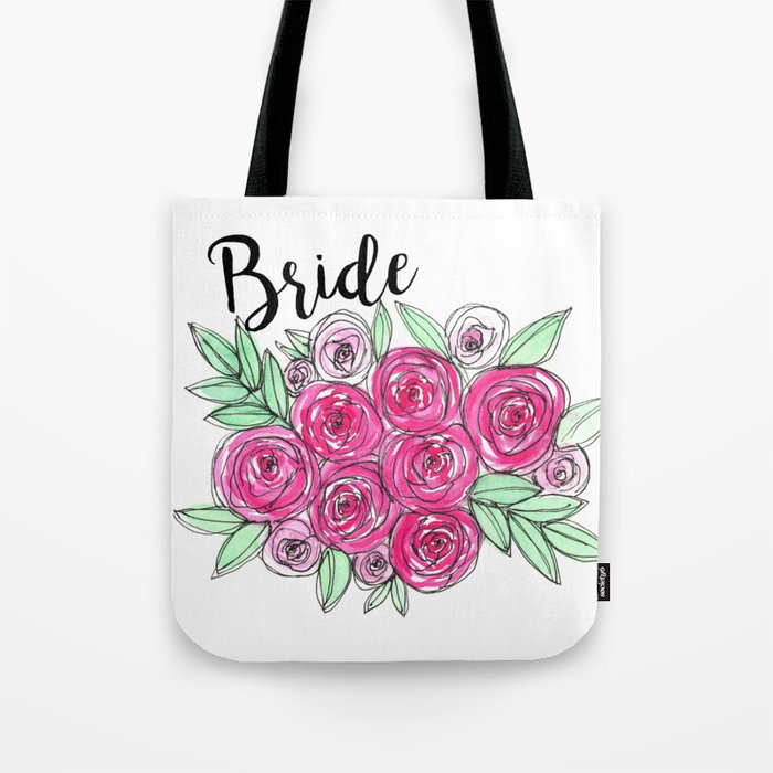 Bride Wedding Pink Roses Watercolor Tote Bag
