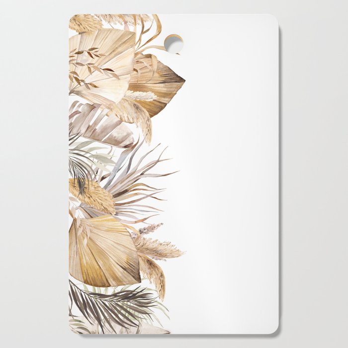 Watercolor Bohemian seamless border with dried tropical leaves illustration Cutting Board
