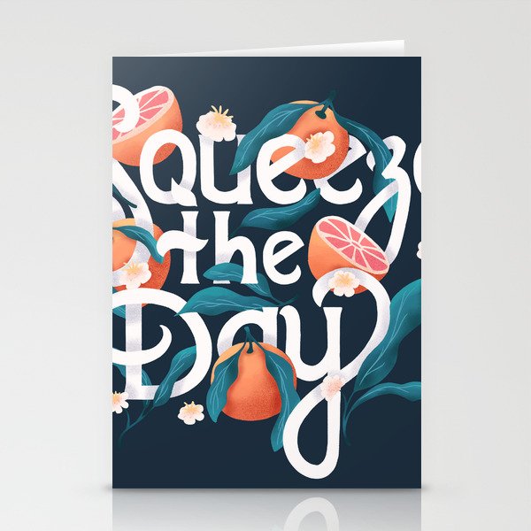 Squeeze the day lettering illustration with oranges on dark blue background. Hand lettering; fruit and floral design in bright colors.  Stationery Cards