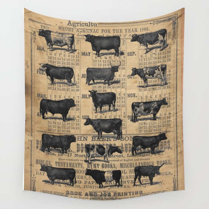 Vintage 1896 Cows Study on Antique Lancaster County Almanac Wall Tapestry
