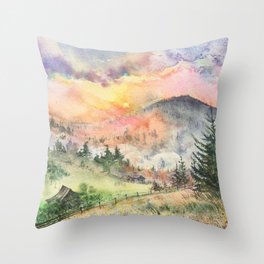 Misty Mountain Sunset Clouds Throw Pillow