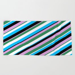 [ Thumbnail: Eyecatching Plum, Sea Green, White, Deep Sky Blue, and Black Colored Pattern of Stripes Beach Towel ]