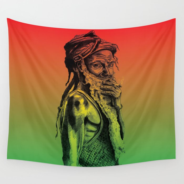 Old rastafarian man smoking against red, yellow, green background Wall Tapestry