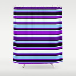[ Thumbnail: Vibrant Light Sky Blue, Dark Violet, Indigo, Black, and Mint Cream Colored Striped Pattern Shower Curtain ]