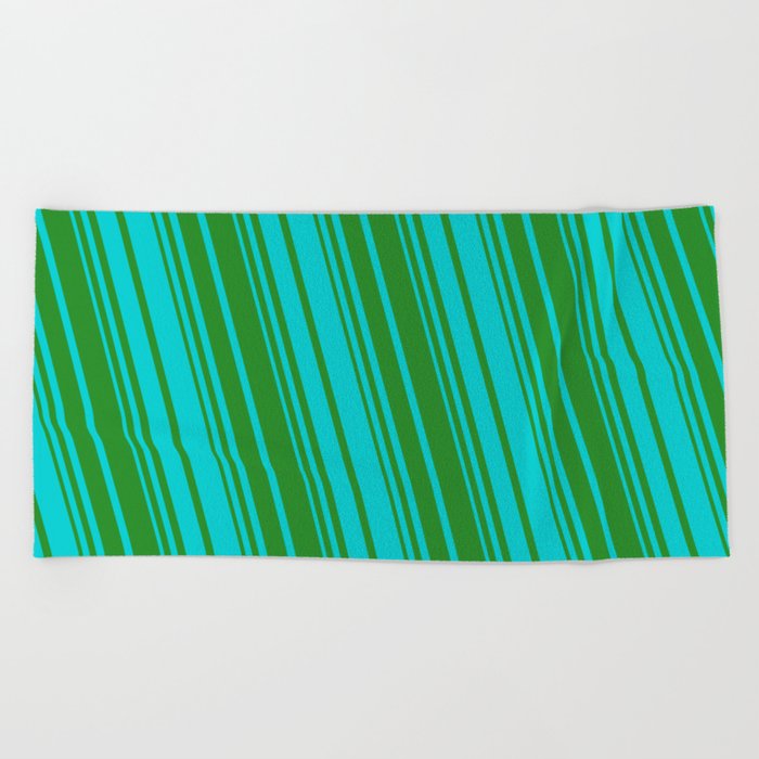 Forest Green & Dark Turquoise Colored Striped Pattern Beach Towel