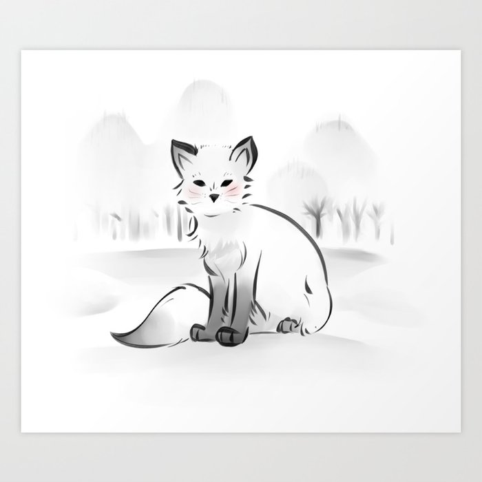 「狐」Kitsune Japanese Arctic Snow Fox Calligraphy Style Art Print