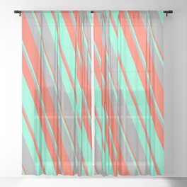 [ Thumbnail: Red, Aquamarine, and Dark Grey Colored Lined/Striped Pattern Sheer Curtain ]