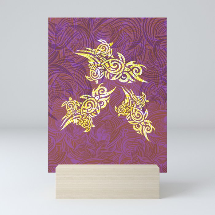 Golden Turtles  And Abstract Waves Mini Art Print