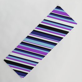[ Thumbnail: Vibrant Midnight Blue, Sky Blue, Dark Orchid, Mint Cream, and Black Colored Lined/Striped Pattern Yoga Mat ]