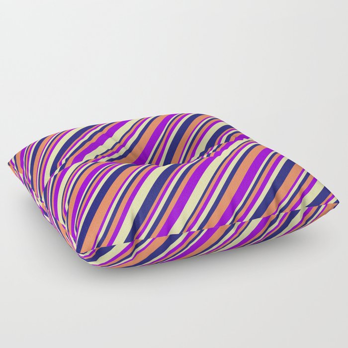 Coral, Dark Violet, Pale Goldenrod, and Midnight Blue Colored Lined/Striped Pattern Floor Pillow
