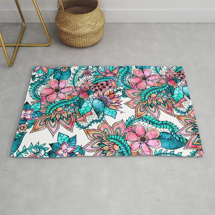 Boho turquoise pink floral watercolor illustration Rug by Audrey Chenal ...