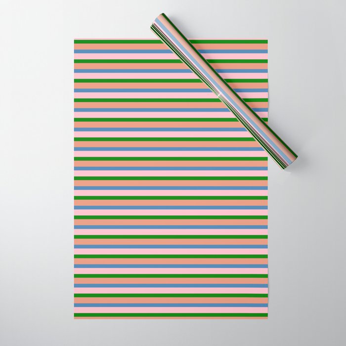 Blue, Pink, Green, and Dark Salmon Colored Pattern of Stripes Wrapping Paper