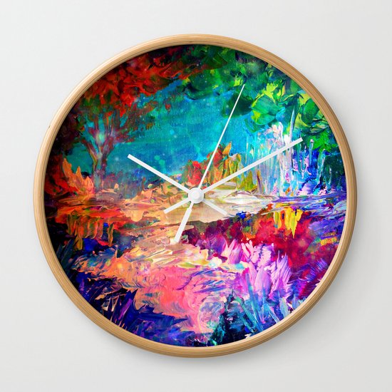 WELCOME TO UTOPIA Bold Rainbow Multicolor Abstract Painting Forest Nature Whimsical Fantasy Fine Art Wall Clock