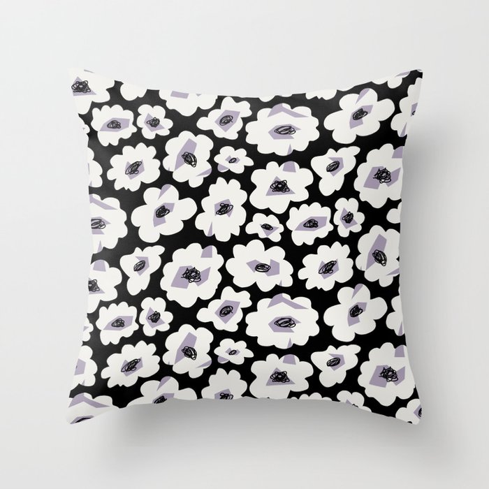 Chunky black and cream retro floral with purple  Throw Pillow