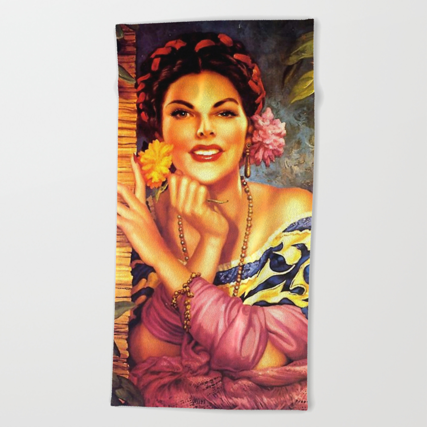 Jesus Helguera Painting Of A Mexican Girl Beside Rattan Curtain