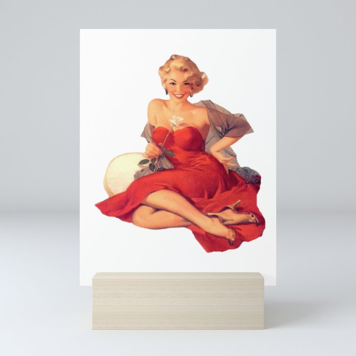 Sexy Blonde Pin Up With White Rose and Red Dress Vintage  Mini Art Print