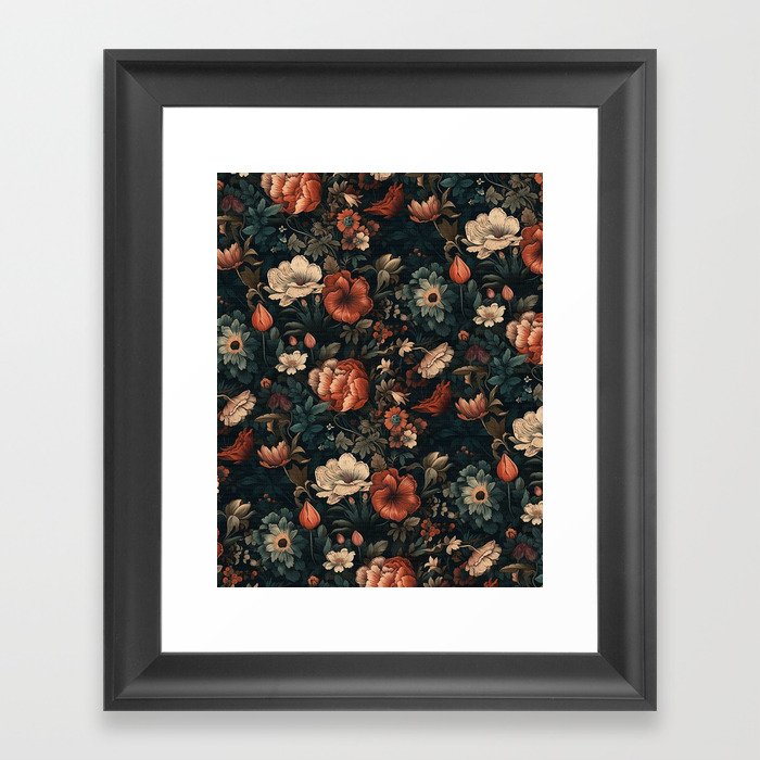 Vintage Aesthetic Beautiful Flowers, Nature Art, Dark Cottagecore Plant Collage - Flower Framed Art Print