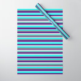 [ Thumbnail: Grey, Indigo, Light Gray, and Cyan Colored Striped Pattern Wrapping Paper ]