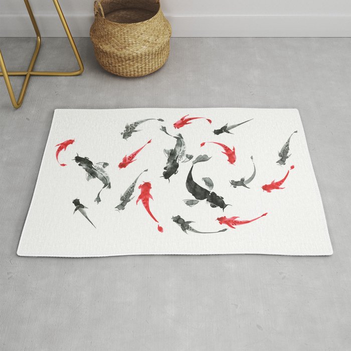 Sumi-e hand drawn ink fishes, black and red. Japan traditional style. Rug