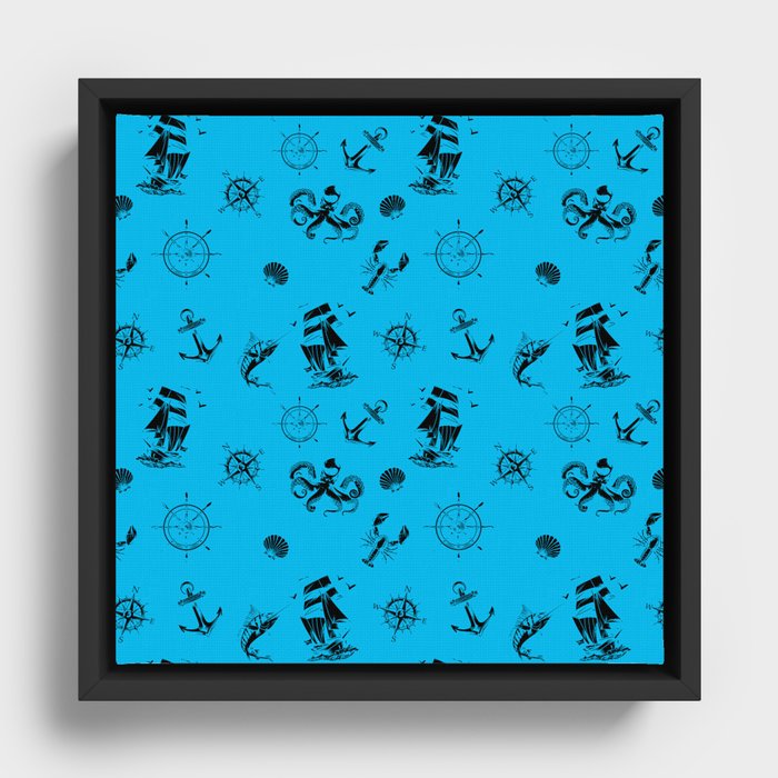 Turquoise And Black Silhouettes Of Vintage Nautical Pattern Framed Canvas