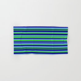 [ Thumbnail: Cornflower Blue, Lime Green, and Blue Colored Striped/Lined Pattern Hand & Bath Towel ]