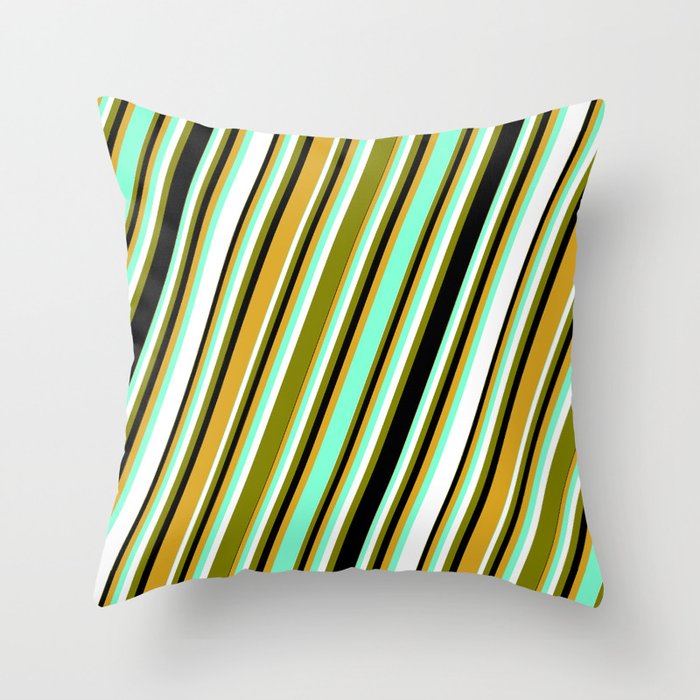 Aquamarine, White, Green, Black, and Goldenrod Colored Pattern of Stripes Throw Pillow