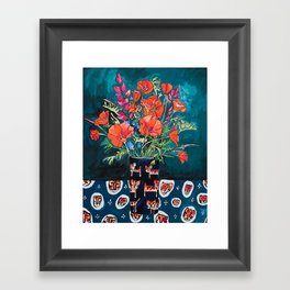 California Poppy and Wildflower Bouquet on Emerald with Tigers Still Life Painting Framed Art Print