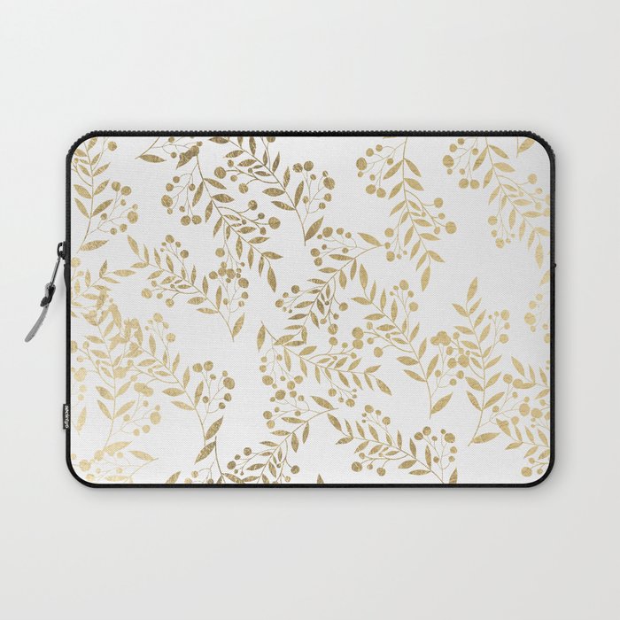 Elegant Gold White Botanical Foliage Berries Pattern Laptop Sleeve