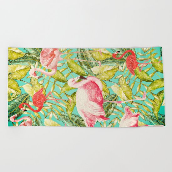 Aloha- Tropical Flamingo Bird and Palm Leaves Garden by #UtArt Beach Towel
