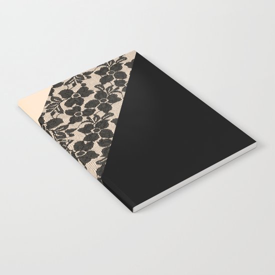 Elegant Peach Ivory Black Floral Lace Color Block Notebook