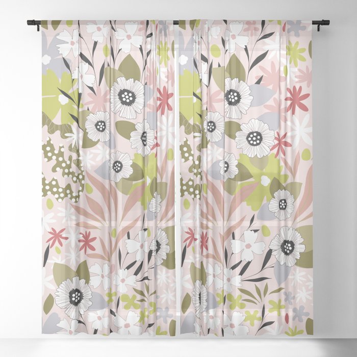Maximalist Boho Floral Pattern 2. Olive & Blush Sheer Curtain