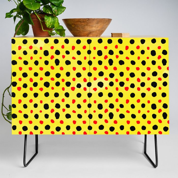 Watercolor Hand Drawn Yellow And Black Polka Dot Pattern,Retro,dotted,circle,abstract, Credenza