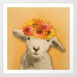 Daisies Sheep Girl Portrait, Mustard Yellow Texturized Background Art Print