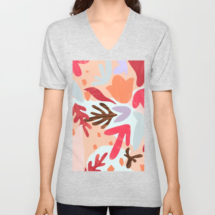 Abstract Pink Lilac Orange Watercolor Geometrical Floral V Neck T Shirt