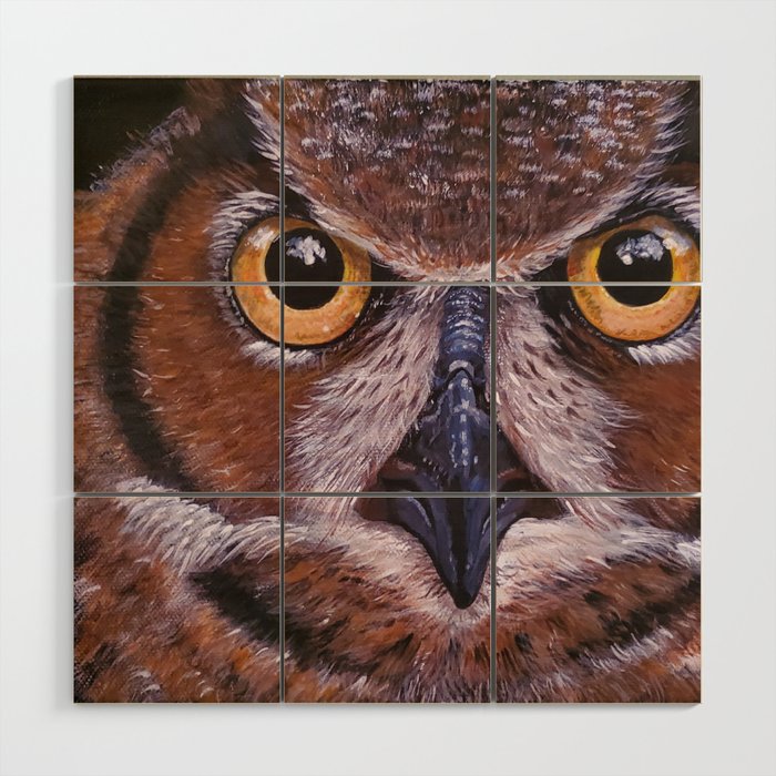 Great Horned Owl Face Bird Animal Print Wood Wall Art