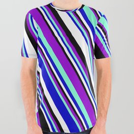 [ Thumbnail: Vibrant Dark Violet, Aquamarine, Blue, White, and Black Colored Striped/Lined Pattern All Over Graphic Tee ]
