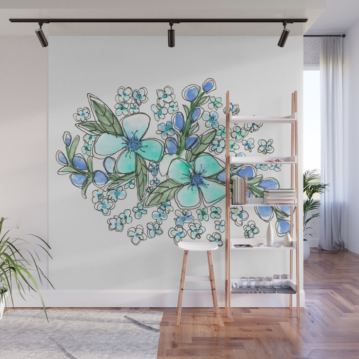 Blue Forget Me Not Floral Watercolor Wall Mural